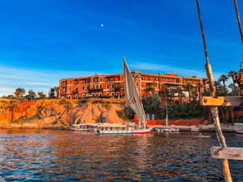 The Old Cataract hotel seen from a felucca on the Nile