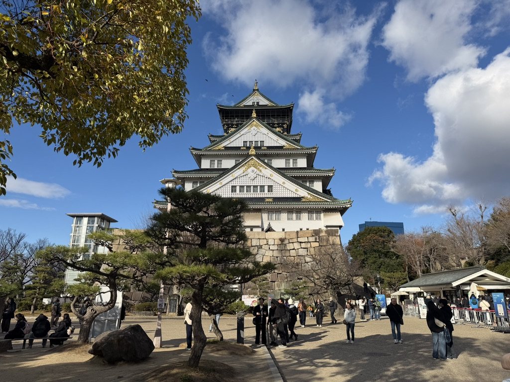 Osaka Castle's main tower above its stone base, with pine trees in the foreground