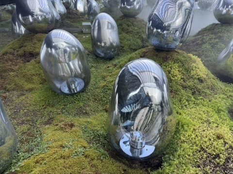 Mirrored egg-shaped sculptures on a moss garden