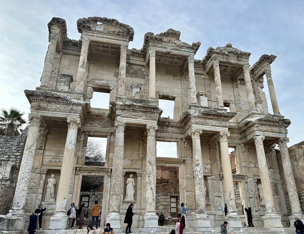 The two-story façade of the Library of Celsus at Ephesus, with statues in its niches