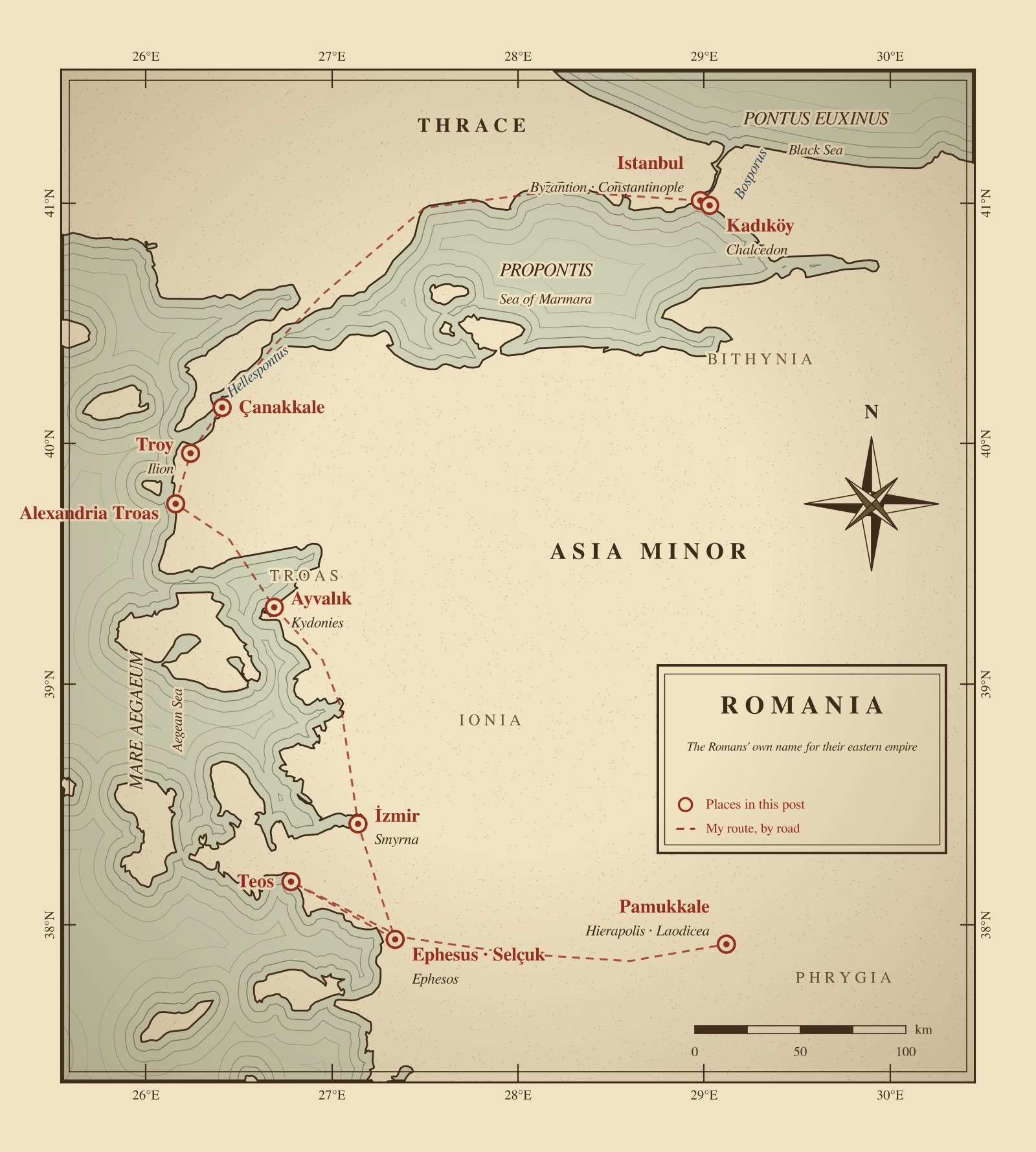 An old-style map of western Turkey marking the places in this post and the route between them
