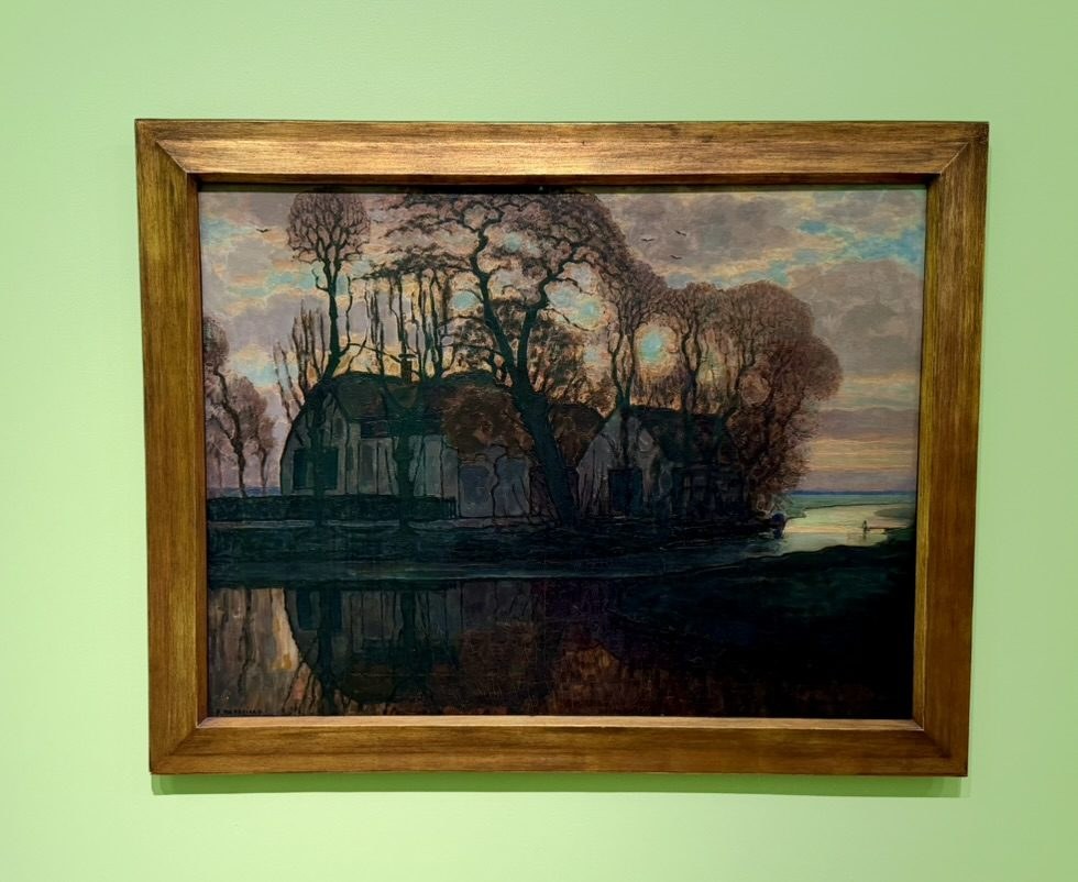 Mondrian, a farmhouse behind bare trees at dusk